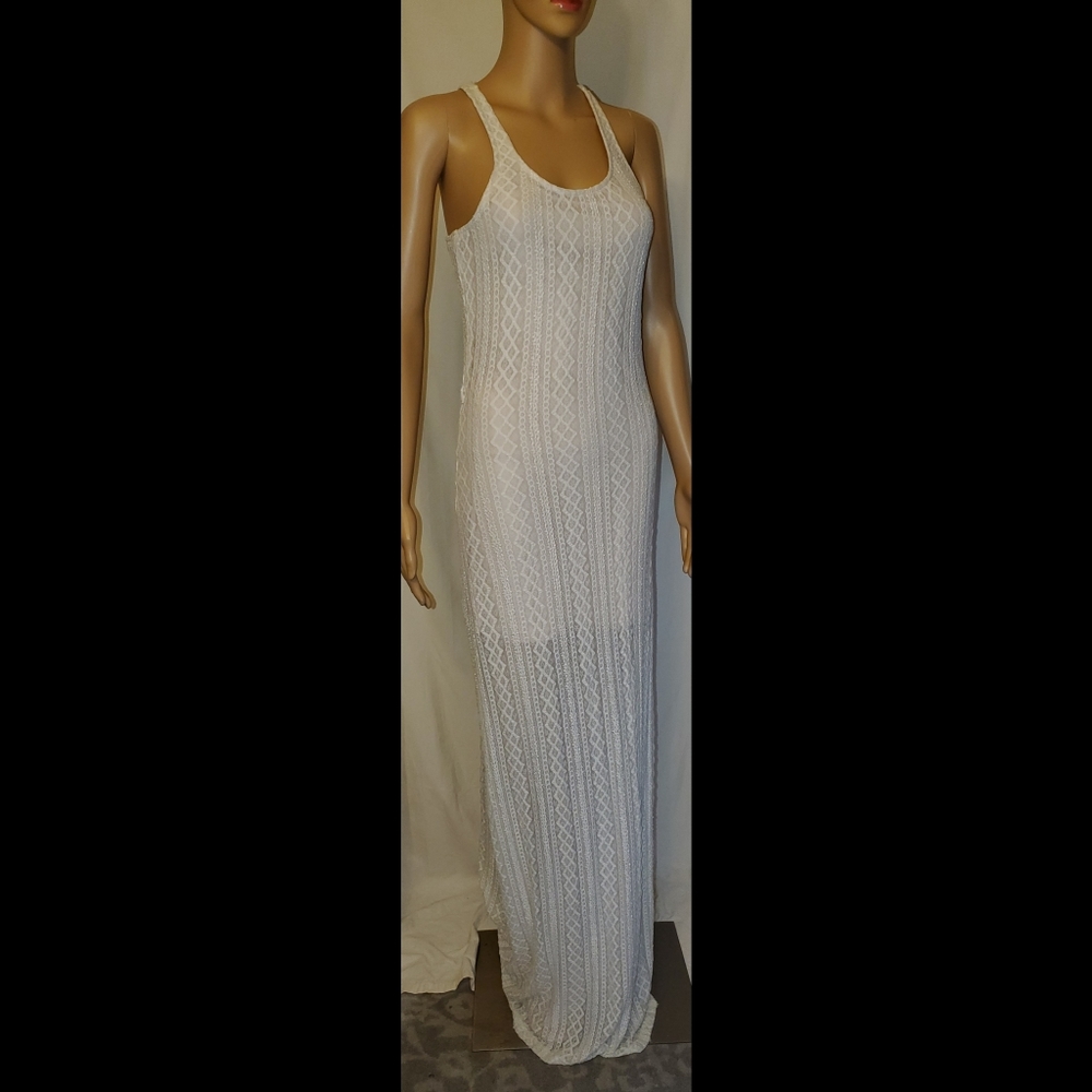 CHARMING CHARLIE Curve Hugging Ivory Lace Maxi Dress w/ Nude ½ Lining Sz…